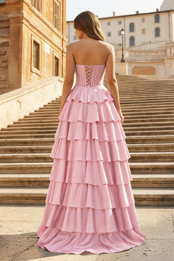 KissProm- Pink Sweetheart A Line Satin Ruffled Long Prom Dresses With Slit