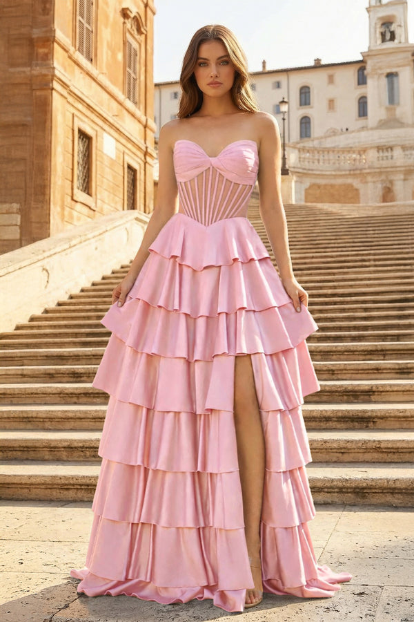 KissProm- Pink Sweetheart A Line Satin Ruffled Long Prom Dresses With Slit