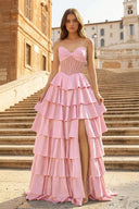 Gray Sweetheart A Line Satin Ruffled Long Prom Dresses With Slit - KissProm