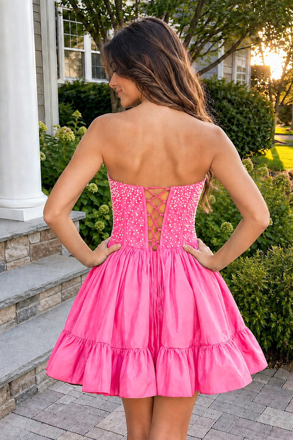 Pink Strapless A Line Satin Ruffles Homecoming Dresses With Pearls | KISSPROM