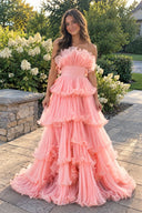 Pink Strapless A-Line Tiered Crinkled Tulle Prom Dress | KISSPROM