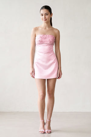 Pink Strapless Appliqued Satin Sheath Homecoming Dress (3) | KISSPROM
