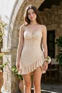 Champagne Strapless Beaded Bodycon Short Homecoming Dress With Ruffles-KissProm