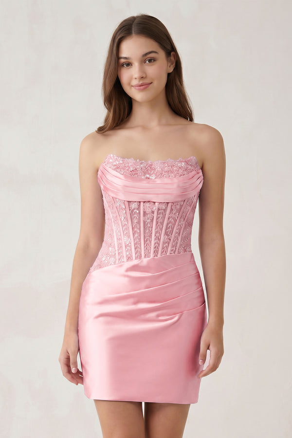 Pink Strapless Bodycon Satin Pleated Short Homecoming & Cocktail Dresses With Beading (3) | KISSPROM