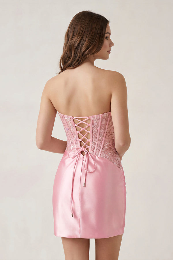 Pink Strapless Bodycon Satin Pleated Short Homecoming & Cocktail Dresses With Beading (4) | KISSPROM