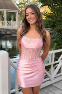 Pink Strapless Bodycon Satin Pleated Short Homecoming & Cocktail Dresses With Beading | KISSPROM