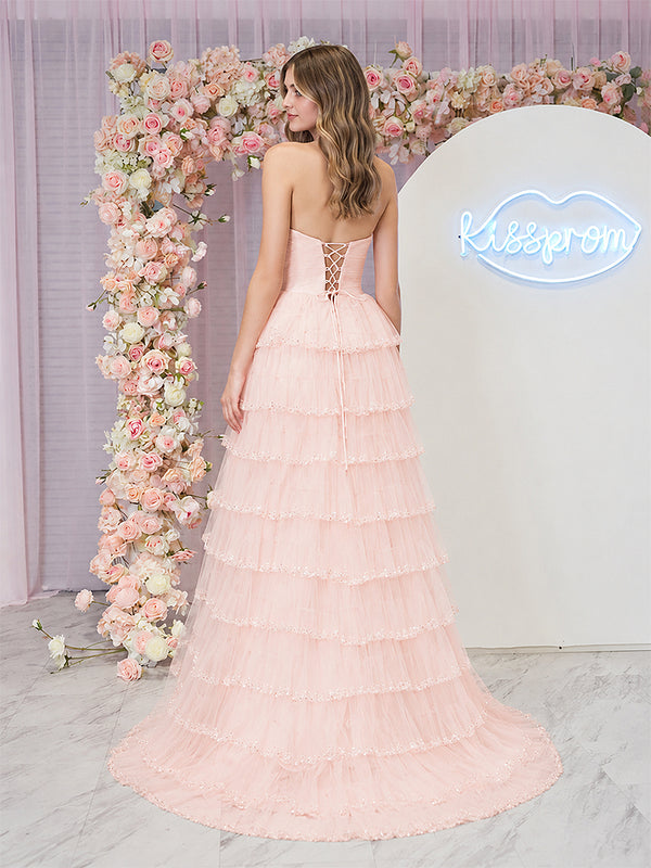 Pink Strapless Layered Tulle Prom Dress with Sequins - KissProm