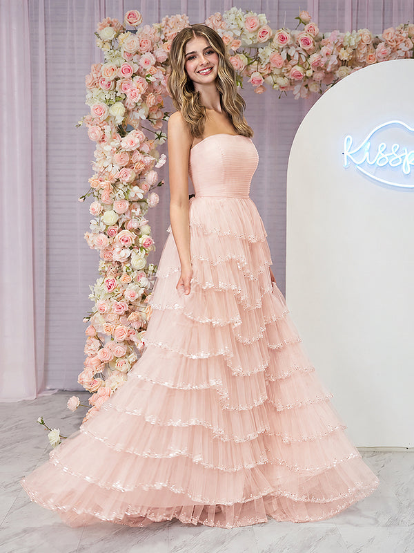 Pink Strapless Layered Tulle Prom Dress with Sequins - KissProm