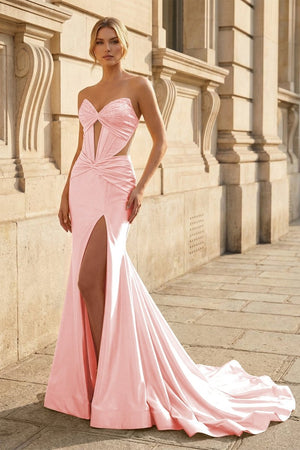 Pink Strapless Mermaid Satin Beaded Long Prom Dresses With Slit - KissProm