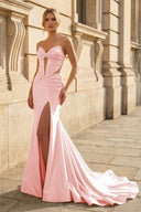 Yellow Sweetheart Mermaid Satin Beaded Long Prom Dresses With Slit – Prom Dress by KissProm | Available at KissProm
