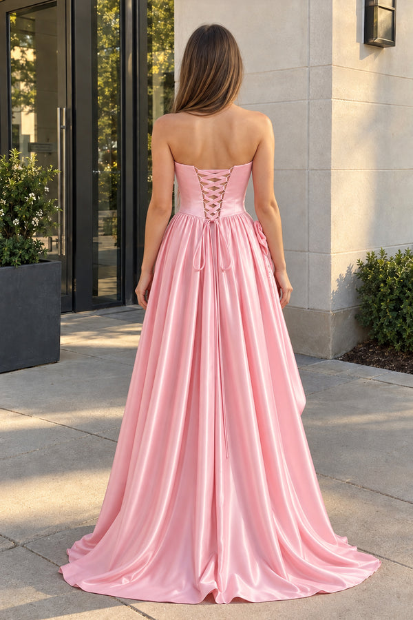 Pink Strapless Satin Beaded A Line Prom Dresses With Slit (2) | KISSPROM