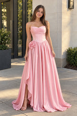 Pink Strapless Satin Beaded A Line Prom Dresses With Slit | KISSPROM
