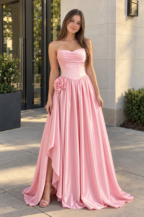 Pink Strapless Satin Beaded A Line Prom Dresses With Slit | KISSPROM