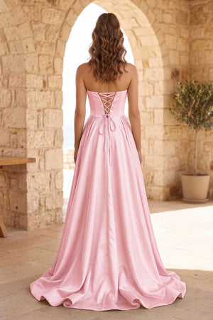 Pink Strapless Satin Long Prom Dress With High Split (2) | KISSPROM