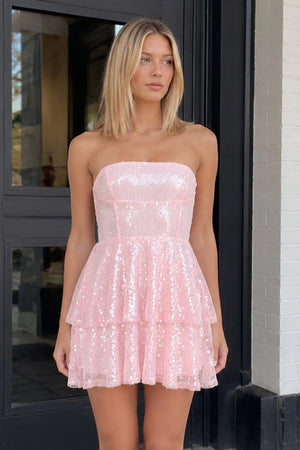Pink Strapless Sequined A-Line Tiered Tulle Homecoming Dress - KISSPROM