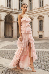 Pink Strapless Sheath Chiffon Ruffled Long Prom Dresses – Prom Dress by KissProm | Available at KissProm