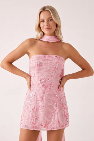 Pink Strapless Sheath Embroidered Tulle Homecoming Dress with Scarf | KISSPROM