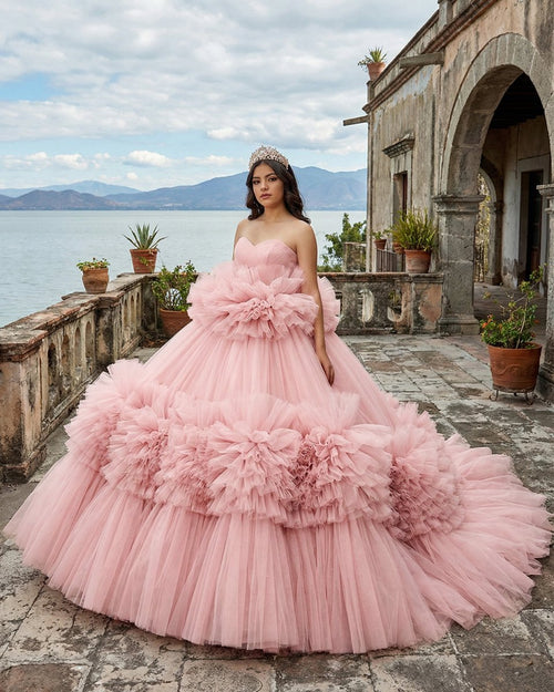 KissProm Pink Strapless Sleeveless Ball Gown Corset Quinceanera Dresses, Pink / 00