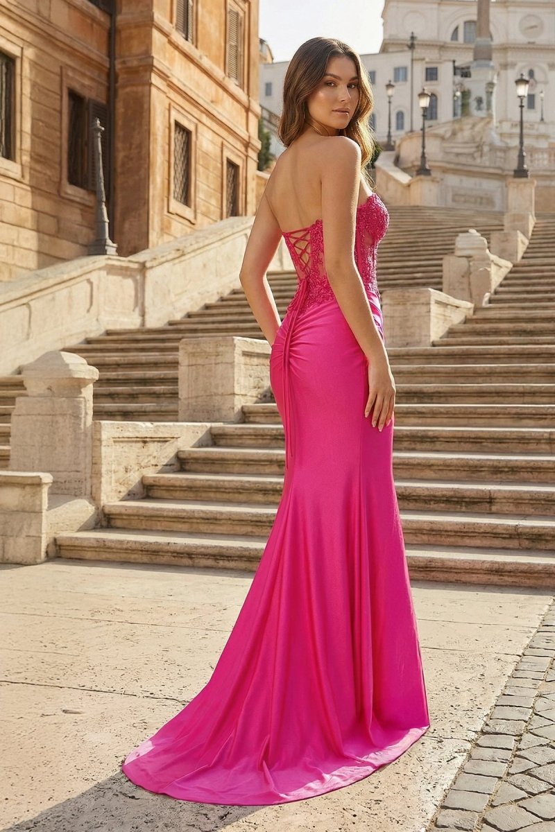 Ember Fuchsia Sheath Strapless Sweetheart Long Prom Dress with Slit