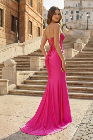 KissProm-Fuchsia Sheath Strapless Sweetheart Long Prom Dress with Slit
