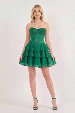 Emerald Strapless Tiered A-Line Ruffled Chiffon Appliqued Homecoming Dress | KISSPROM