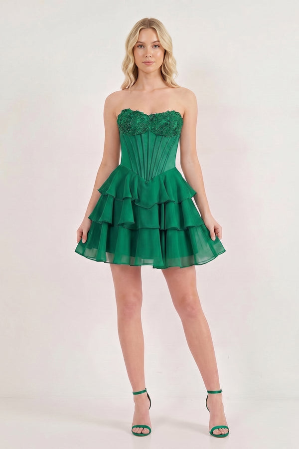 Emerald Strapless Tiered A-Line Ruffled Chiffon Appliqued Homecoming Dress | KISSPROM