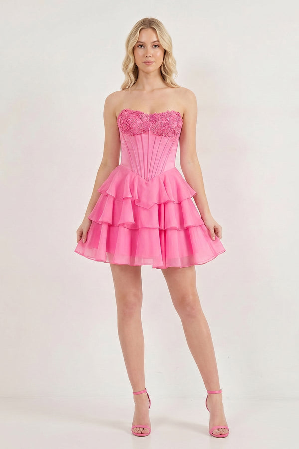 Pink Strapless Tiered A-Line Ruffled Chiffon Appliqued Homecoming Dress - KissProm