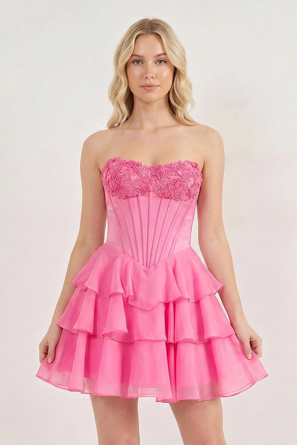 Pink Strapless Tiered A-Line Ruffled Chiffon Appliqued Homecoming Dress - KissProm