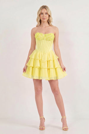 Yellow Strapless Tiered A-Line Ruffled Chiffon Appliqued Homecoming Dress | KISSPROM