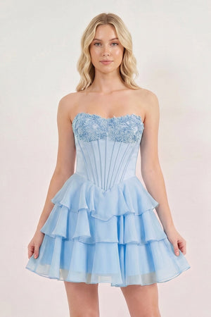 Sky Blue Strapless Tiered A-Line Ruffled Chiffon Appliqued Homecoming Dress | KISSPROM