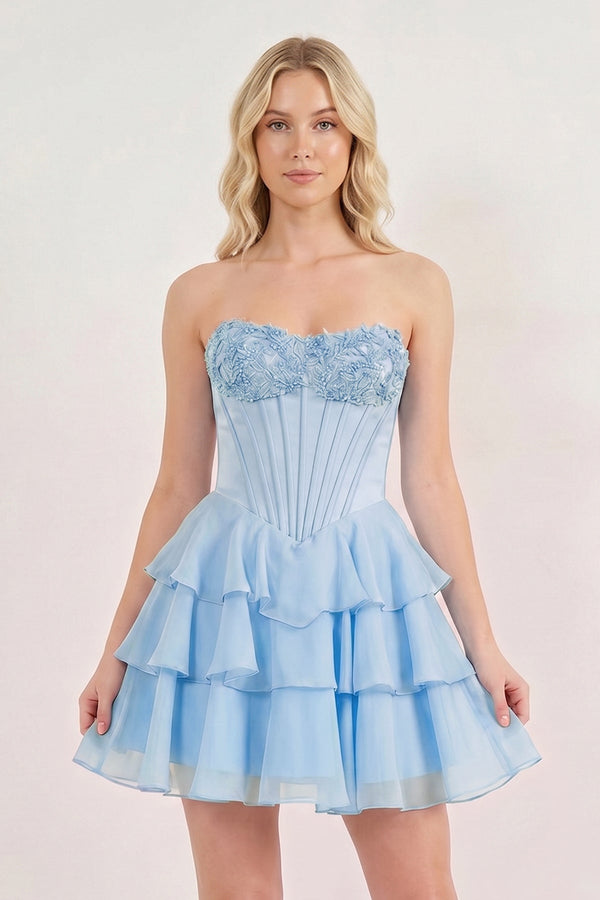 Sky Blue Strapless Tiered A-Line Ruffled Chiffon Appliqued Homecoming Dress | KISSPROM