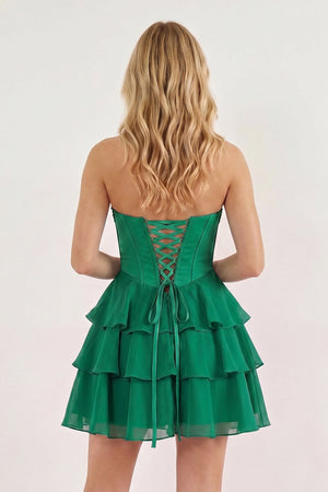 Emerald Strapless Tiered A-Line Ruffled Chiffon Appliqued Homecoming Dress | KISSPROM
