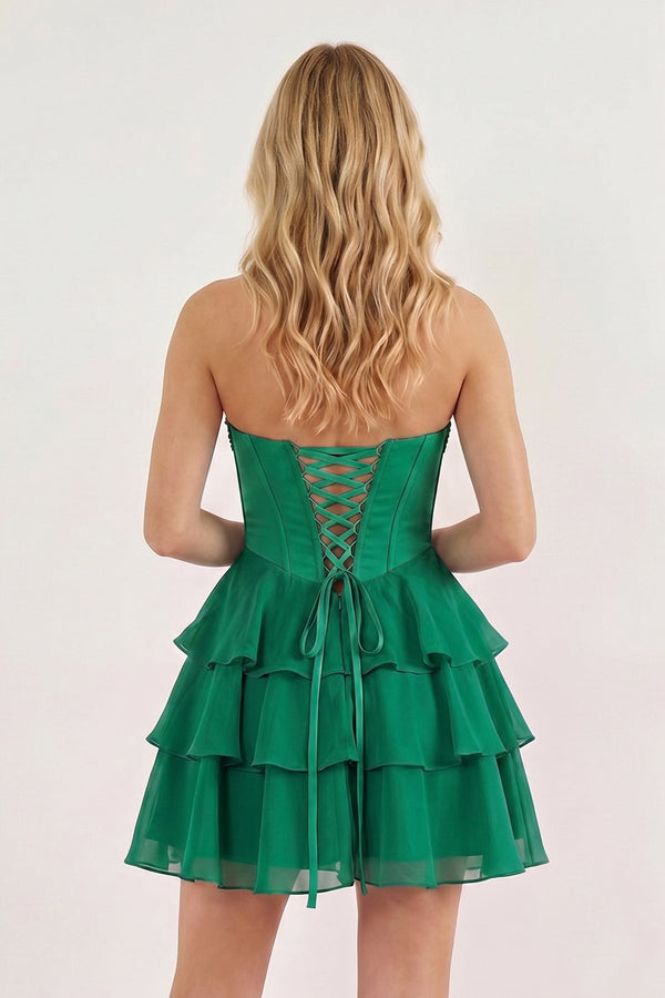Emerald Strapless Tiered A-Line Ruffled Chiffon Appliqued Homecoming Dress | KISSPROM