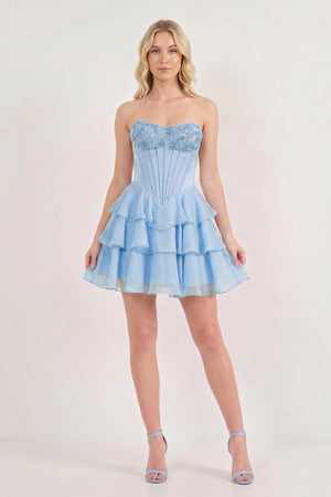 Sky Blue Strapless Tiered A-Line Ruffled Chiffon Appliqued Homecoming Dress | KISSPROM