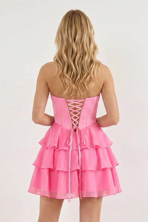 Pink Strapless Tiered A-Line Ruffled Chiffon Appliqued Homecoming Dress - KissProm