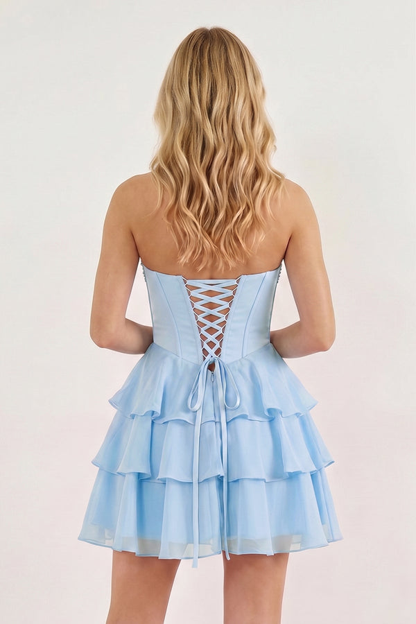 Sky Blue Strapless Tiered A-Line Ruffled Chiffon Appliqued Homecoming Dress | KISSPROM