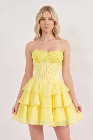 Yellow Strapless Tiered A-Line Ruffled Chiffon Appliqued Homecoming Dress | KISSPROM