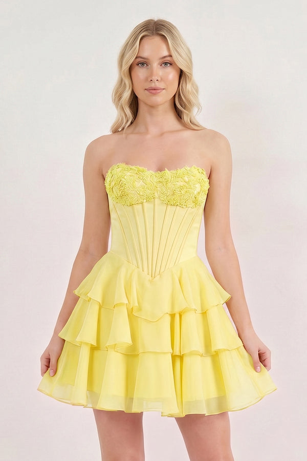 Yellow Strapless Tiered A-Line Ruffled Chiffon Appliqued Homecoming Dress | KISSPROM