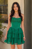Emerald Strapless Tiered A-Line Ruffled Chiffon Appliqued Homecoming Dress | KISSPROM