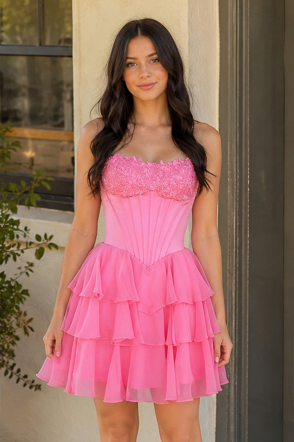 Pink Strapless Tiered A-Line Ruffled Chiffon Appliqued Homecoming Dress - KissProm