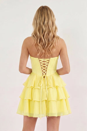 Yellow Strapless Tiered A-Line Ruffled Chiffon Appliqued Homecoming Dress | KISSPROM