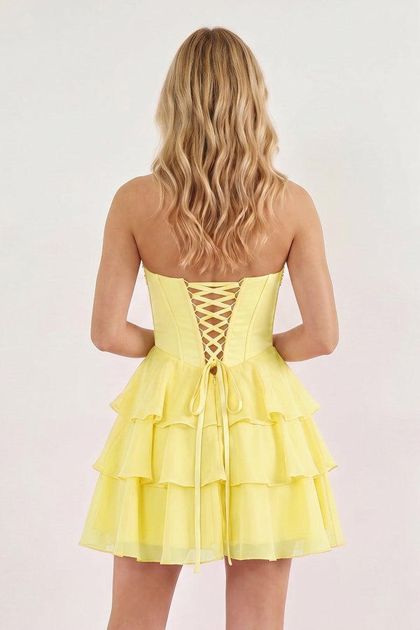 Yellow Strapless Tiered A-Line Ruffled Chiffon Appliqued Homecoming Dress | KISSPROM