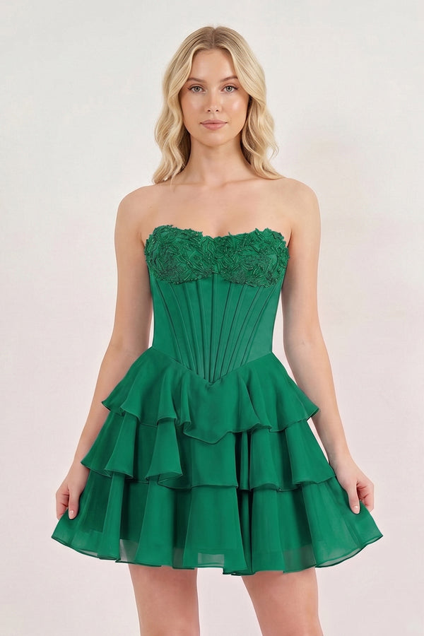 Emerald Strapless Tiered A-Line Ruffled Chiffon Appliqued Homecoming Dress | KISSPROM