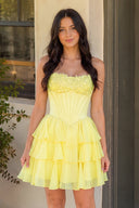 Yellow Strapless Tiered A-Line Ruffled Chiffon Appliqued Homecoming Dress | KISSPROM