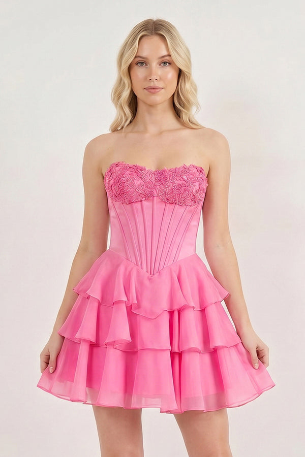 Pink Strapless Tiered A-Line Ruffled Chiffon Appliqued Homecoming Dress - KissProm