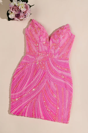 Pink Strapless V Neck Sequins Bodycon Short Homecoming Dresses - KISSPROM