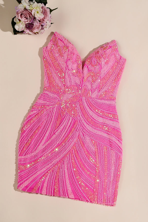 Pink Strapless V Neck Sequins Bodycon Short Homecoming Dresses - KISSPROM