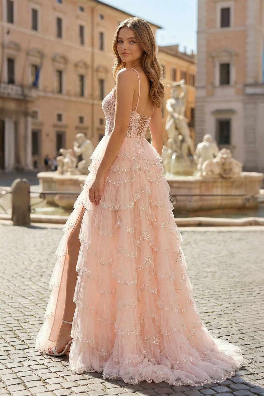 KissProm-Pink-Straps Mesh Cutout Sequined Layered Long Prom Dress