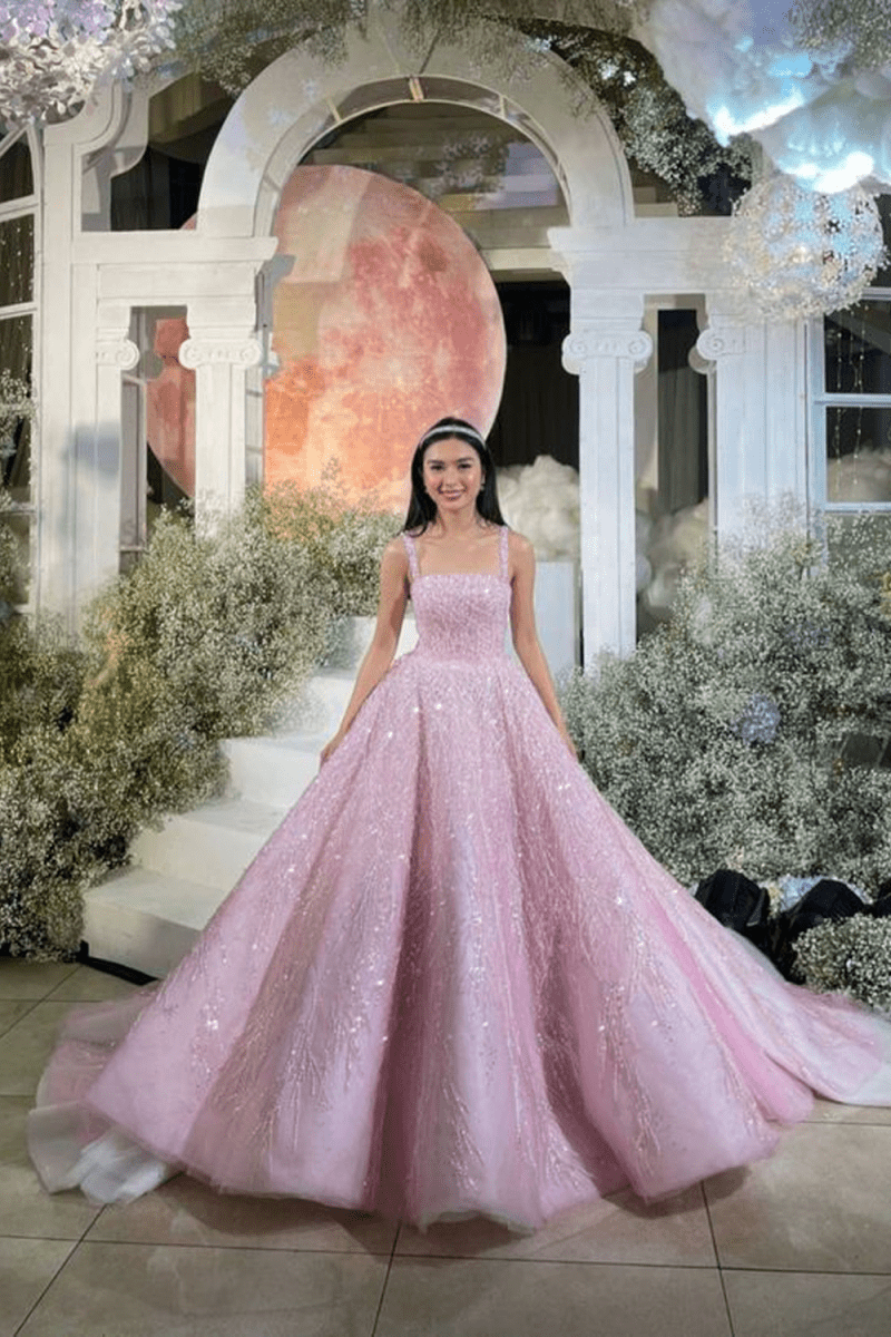 Pink Straps Sequin Beaded Long Ball Gown Quinceanera Dresses