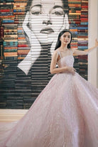 Pink Straps Sequin Beaded Long Ball Gown Quinceanera Dresses